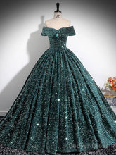 A-Line Off Shoulder Velvet Sequin Green Long Prom Dress, Green Long Formal Dress